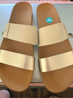 Reef Women’s Cream and Metallic Gold Double-Strap Slide Sandals